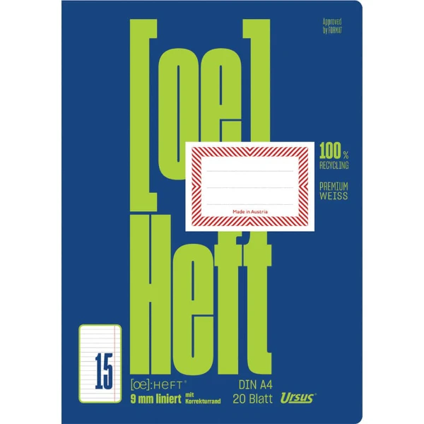 Ö-Heft A4 20 Blatt liniert+Korrekturrand ohne Rahmen URSUS OE OE15