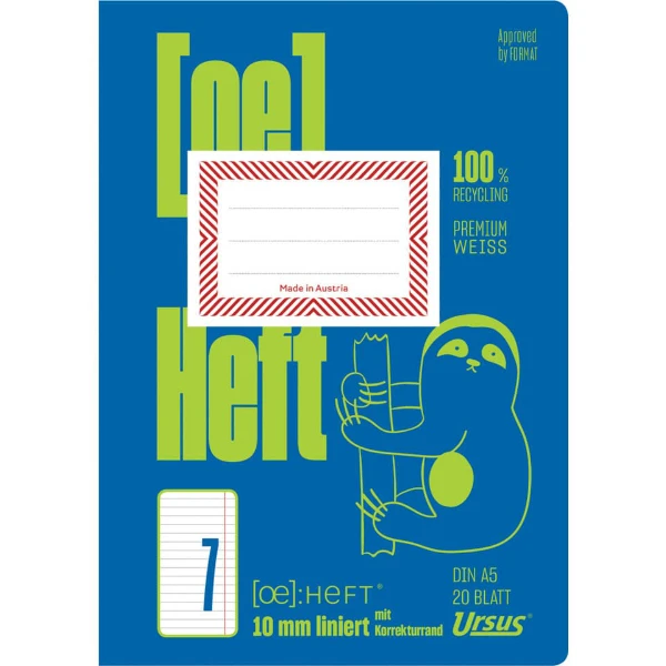 Ö-Heft A5 20 Blatt liniert +Korrekturrand ohne Rahmen URSUS OE OE7