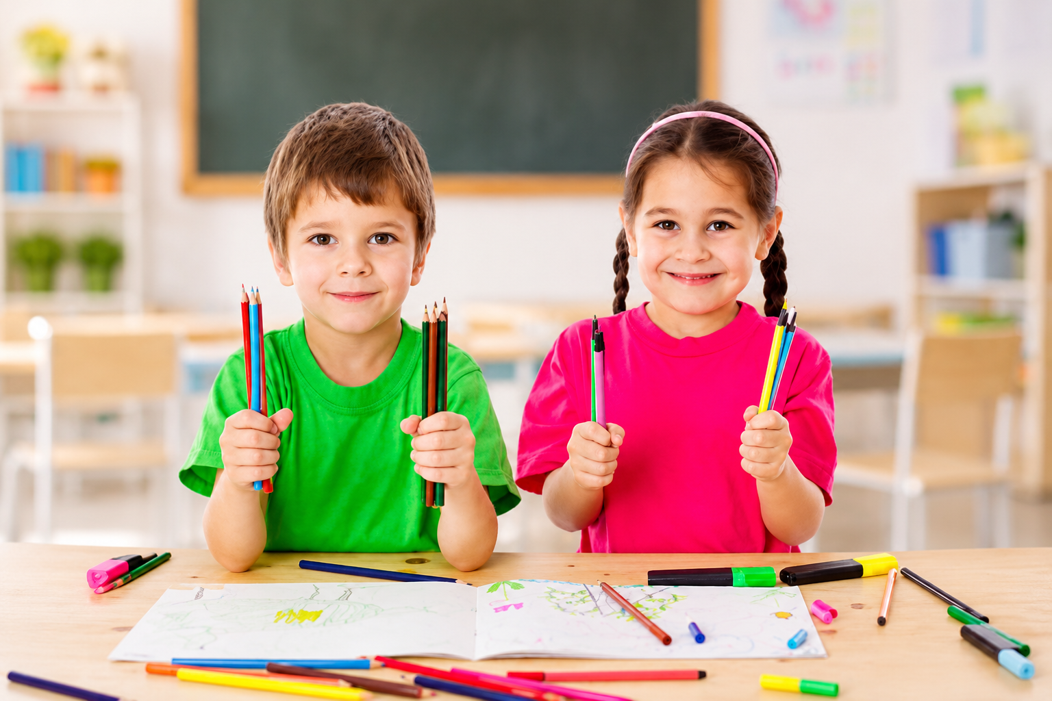 Zwei Schulkinder mit Stiften